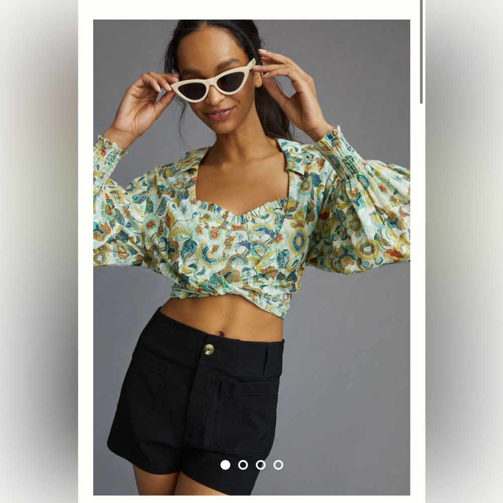By Anthropologie Twist Crop Top Set Green Floral Boho Motif M